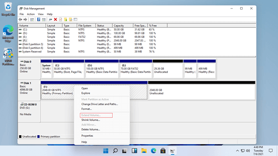 Extend Volume is disabled